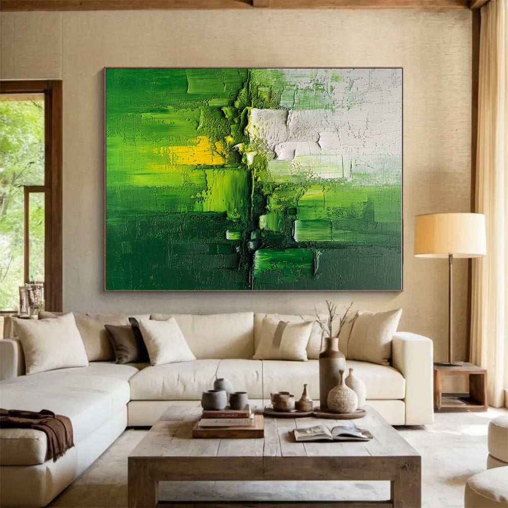 Hand-Painted Green and White Textured Abstract Painting with Yellow Accents, Acrylic Modern Art PT201