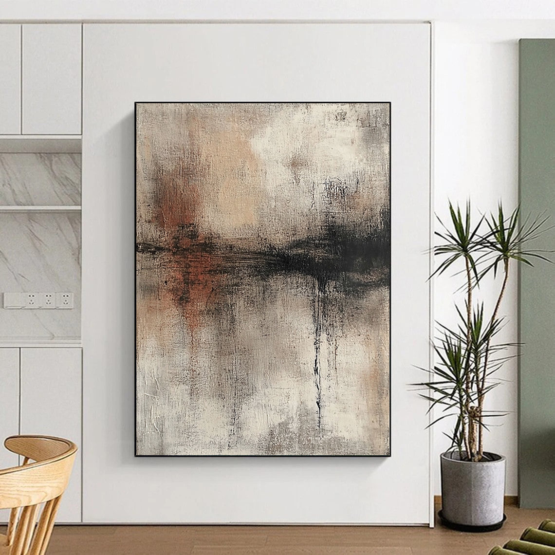 Large Abstract Painting For Living Room, Beige Gray Black Abstract Textured Art PT131