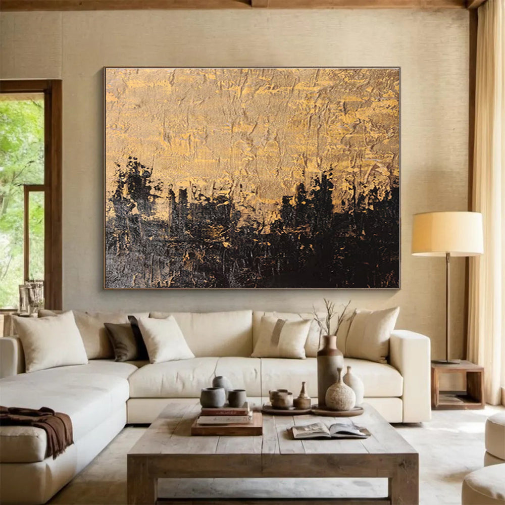 Handmade Art Gold & Black Textured Cityscape Abstract On Canvas HPS017