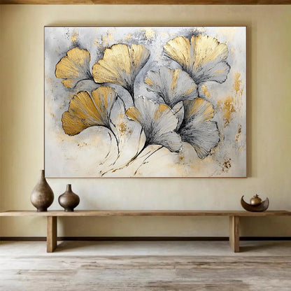Huge Size Gold and Gray Ginkgo Leaves Textured Abstract Painting HPS303