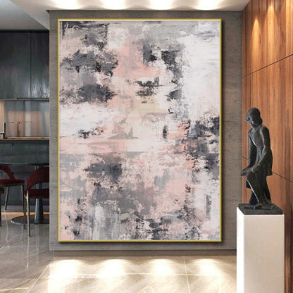 Hand Painted Art Pink, Gray, and Black Abstract Textured Piece, Acrylic Modern Art PT293