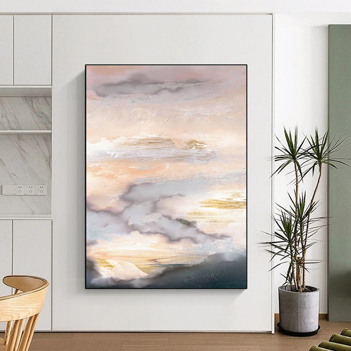Hand-Painted Pink, Beige, Grey, and Gold Abstract Cloudscape Art PT241