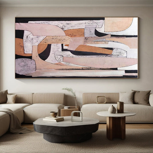 Large Contemporary Wall Art in Beige, Pink, Black, and White Abstract Geometric Compositions PT247