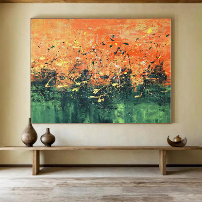 Unique Abstract Art Orange & Green Splatter Abstract On Canvas HPS053