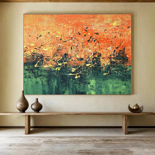Unique Abstract Art Orange & Green Splatter Abstract On Canvas HPS053