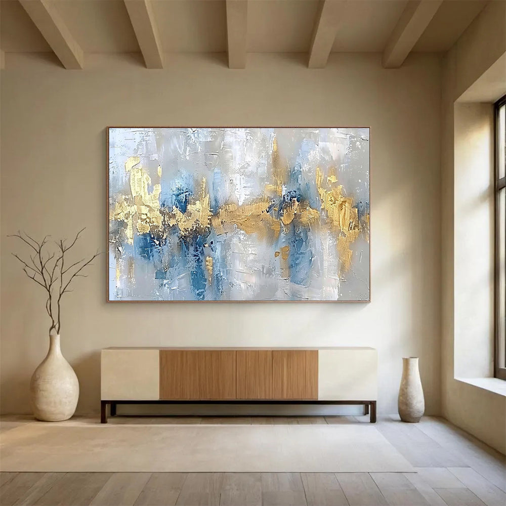Hand Painted Art Gray, Blue & Gold Textured Abstract Art HPS193