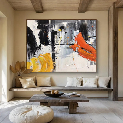 Hand-Painted Black, White, Orange & Yellow Dynamic Abstract On Canvas HPS061