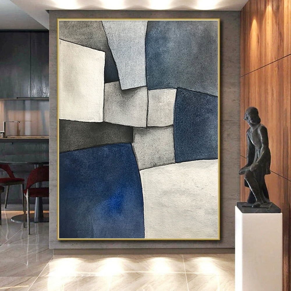 Custom Large Abstract Art For Living Room, Blue Gray White Geometric Abstract Art, Watercolor Painting PT139