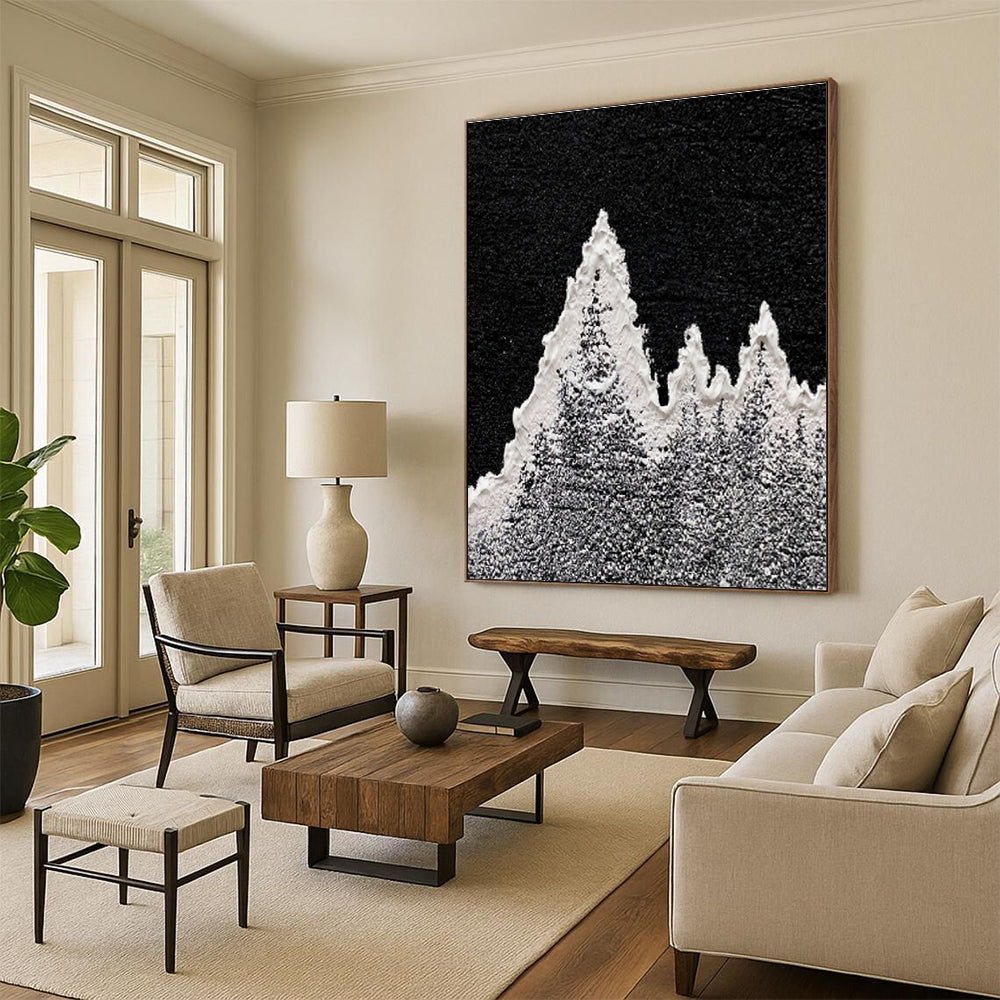 Large Painting In Living Room Black, White, and Gray Textured Abstract Mountain Art DPS460