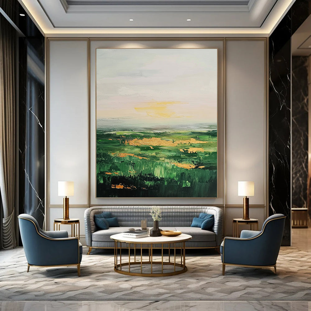 Large Contemporary Wall Art Green, Gold, and Gray Abstract Landscape Painting DPS436