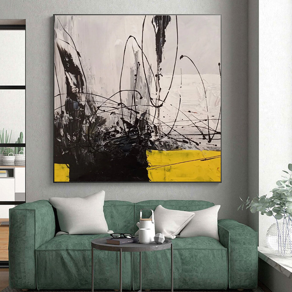 Hand-Painted Black, White, Yellow Abstract Lines and Textures Art PT221