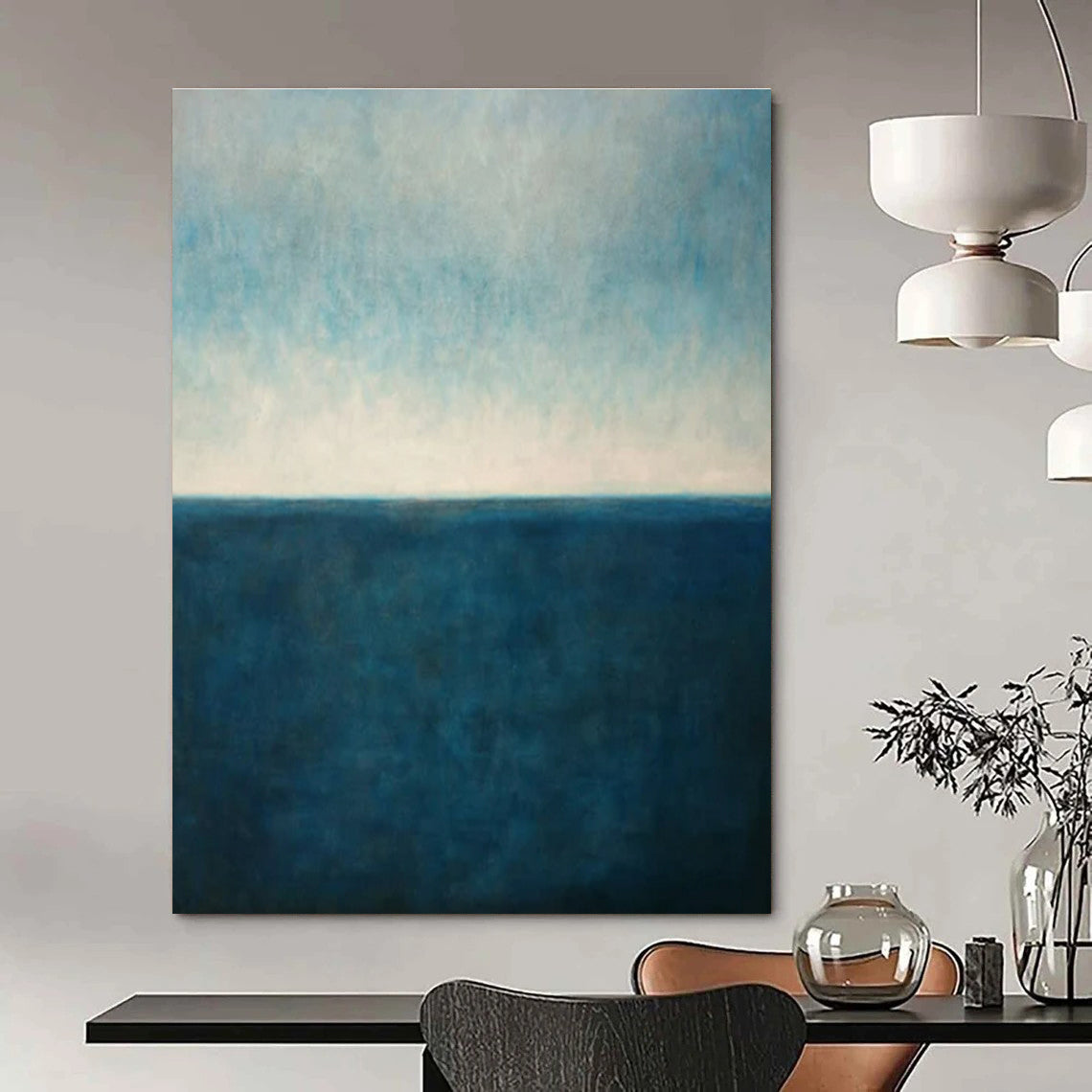Large Size Blue & Beige Abstract Sea Horizon, Large Contemporary Wall Art DPS515