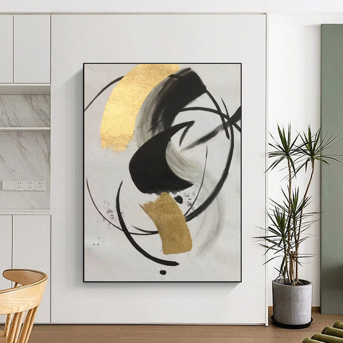 Modern Art Acrylic Black Gold White Abstract Art PT388