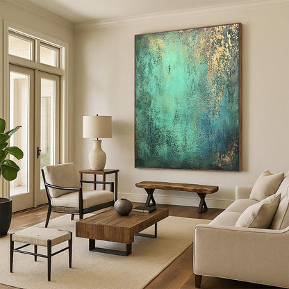 Affordable Large Abstract Wall Art, Teal Gold Abstract Textured Art PT178
