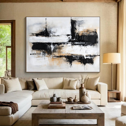 Large Contemporary Wall Art Black, White, and Beige Abstract Urban Scene HPS306