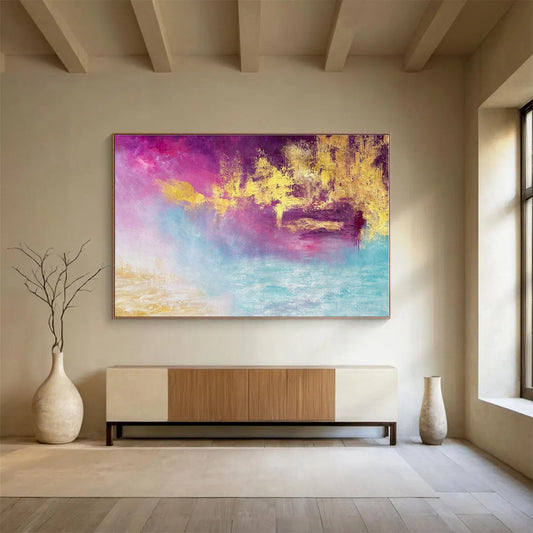 Acrylic Modern Art Paintings Dreamy Pink & Gold Abstract On Canvas HPS012