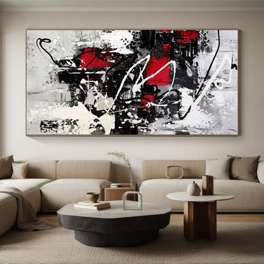 Cool Abstract Paintings in Red, Black, White, and Grey Abstract Splatters and Lines Painting PT270