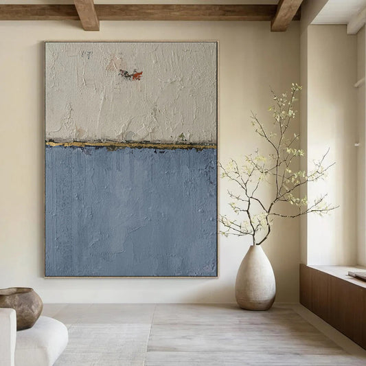 Hand-Painted Beige, Blue & Gold Abstract Minimalist, Modern Art Acrylic DPS509