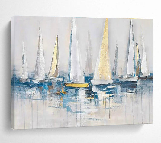 Modern Art Acrylic White & Gold Sailboat Abstract Painting HPS228