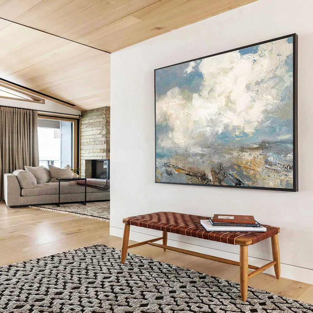 Large Painting In Living Room Gray, White, and Beige Abstract Seaside Art HPS385