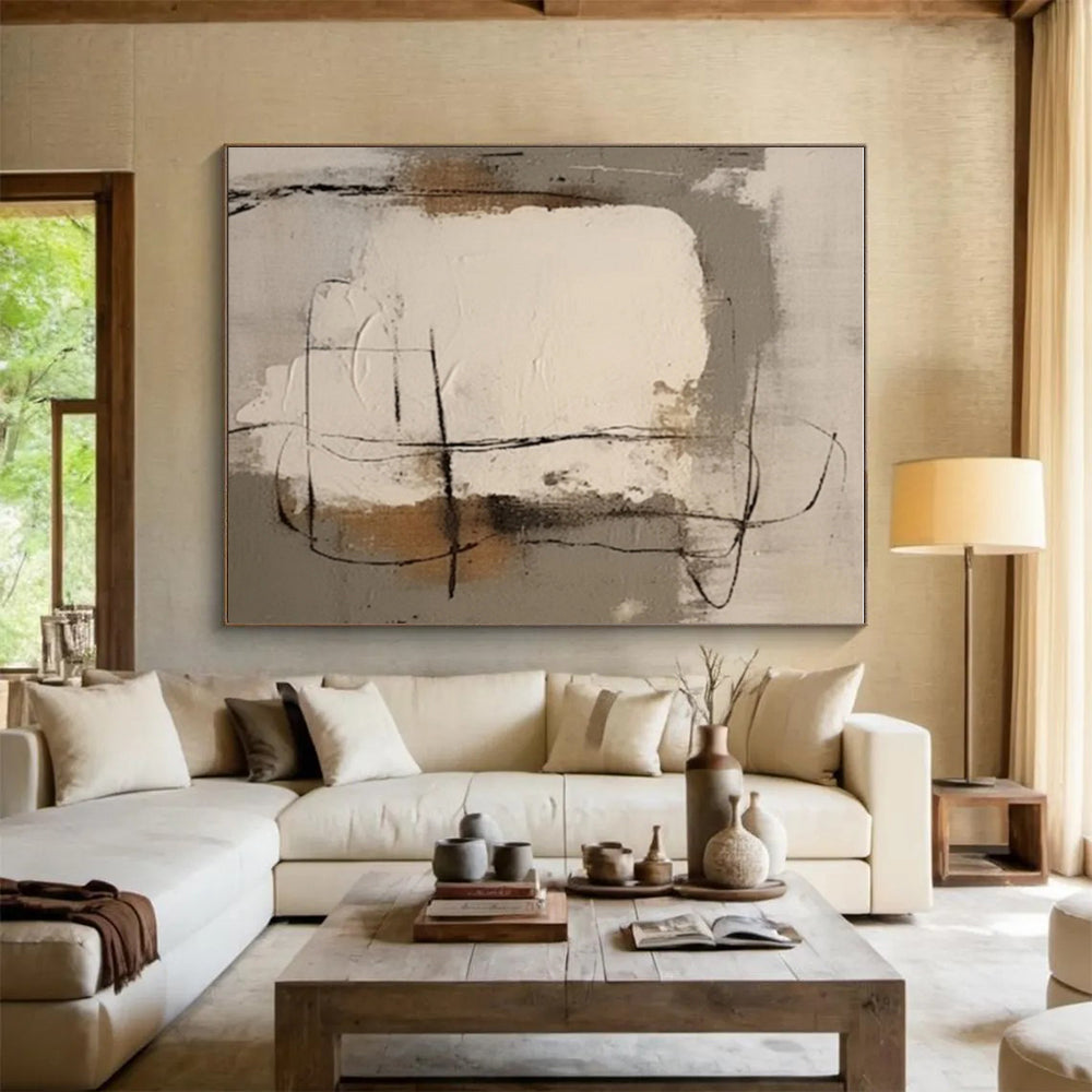 Modern Art Acrylic Gray Beige Black Line Abstract Art for House PT484