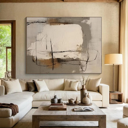Modern Art Acrylic Gray Beige Black Line Abstract Art for House PT484