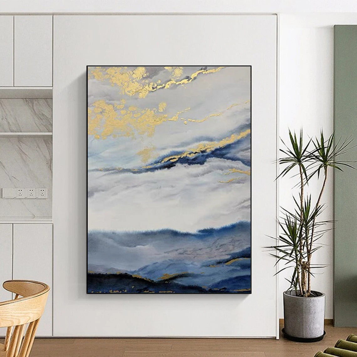 Large Size Blue Gray Gold Abstract Landscape Acrylic Art PT509