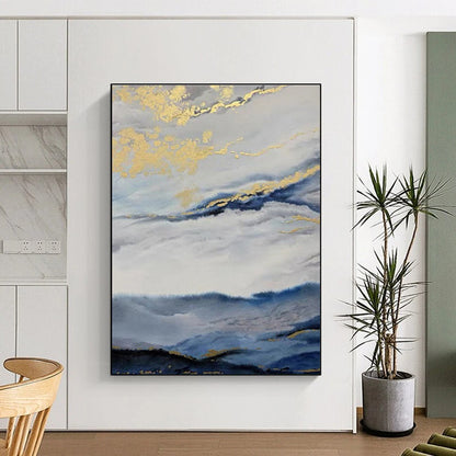 Large Size Blue Gray Gold Abstract Landscape Acrylic Art PT509