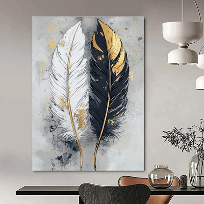 Hand-Painted Black, White & Gold Feather Abstract, Acrylic Modern Art Painting DPS499