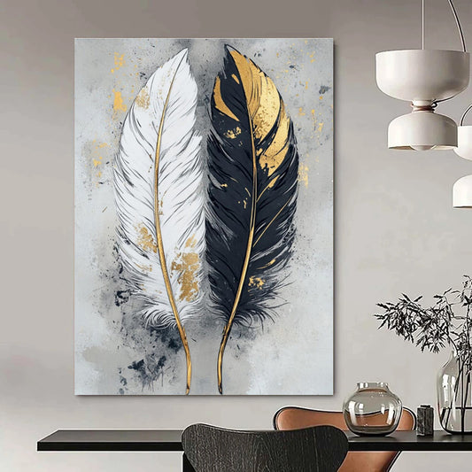 Hand-Painted Black, White & Gold Feather Abstract, Acrylic Modern Art Painting DPS499
