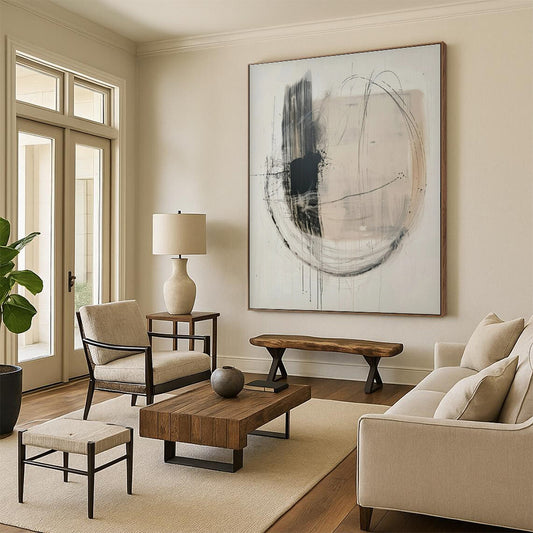 Hand Painting Black and Beige Circular Lines Abstract Acrylic Art PT621