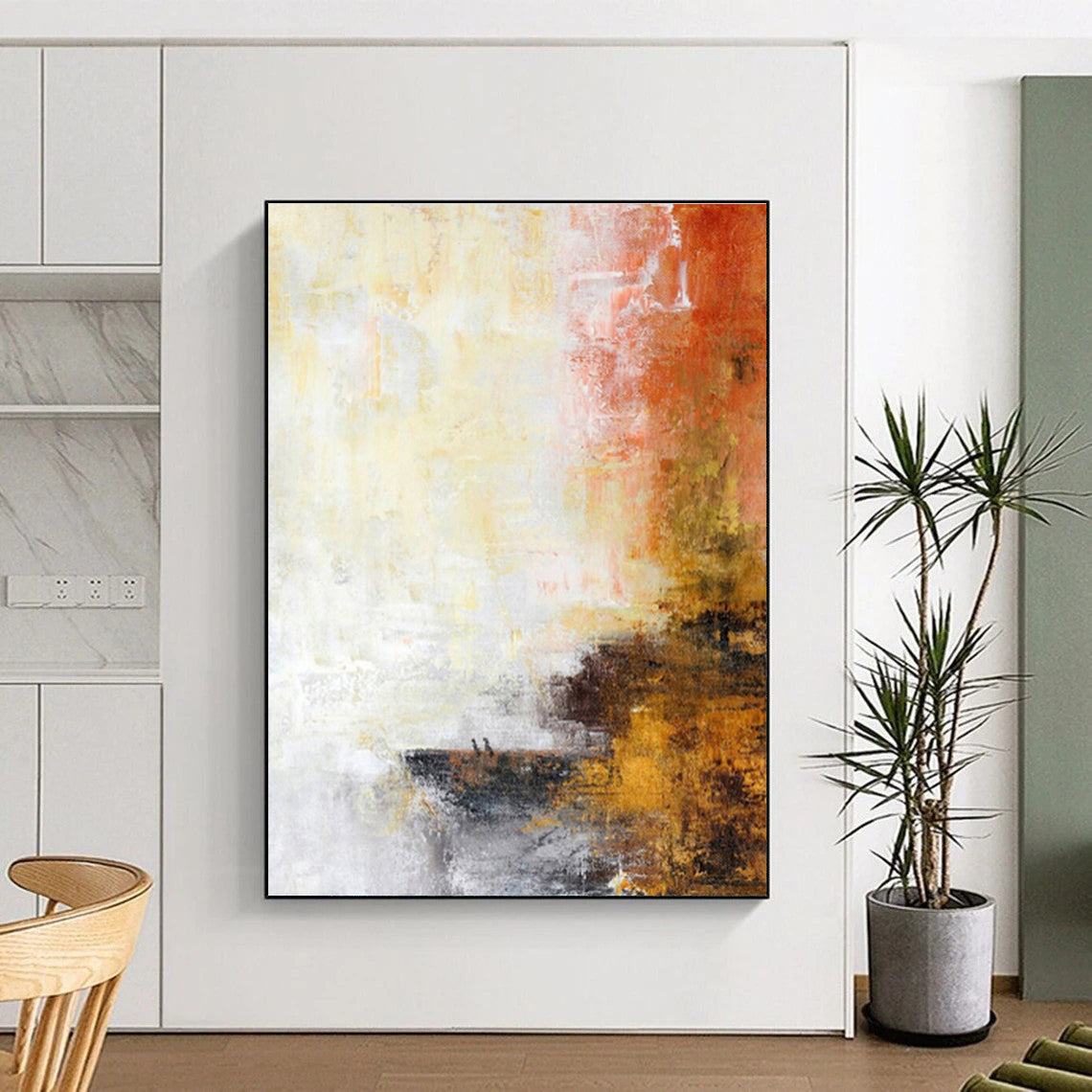 Big Painting in Yellow, Orange, Red, and Gray Abstract Composition, Modern Art Acrylic PT292