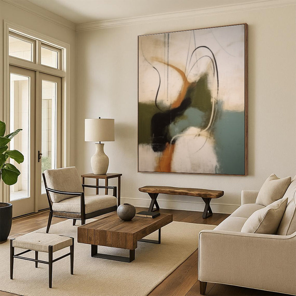 Modern Art Acrylic in Black, White, Brown, Green, and Teal Abstract Movement Shapes Painting PT267