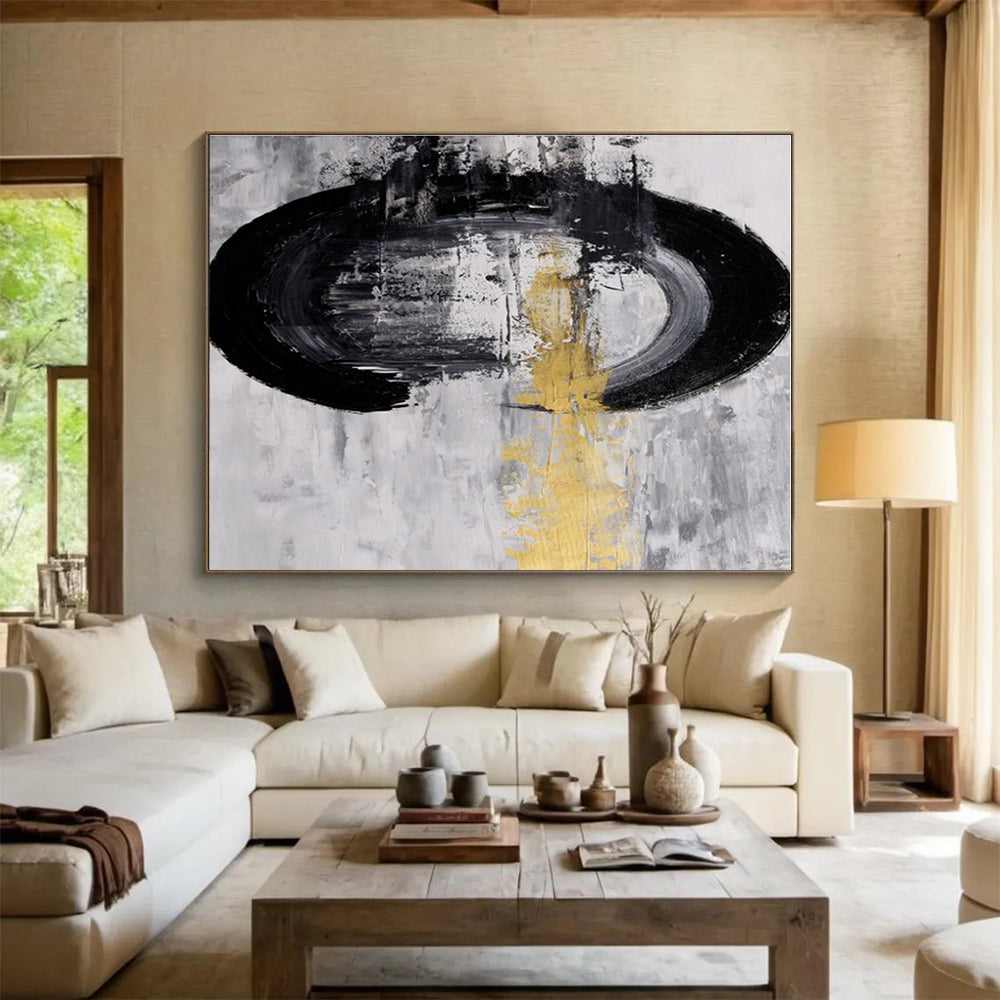 Unique Abstract Art Black, White & Gold Circular Abstract On Canvas HPS013