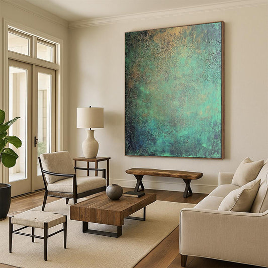 Custom Large Abstract Art For Living Room, Teal Gold Abstract Textured Art PT179