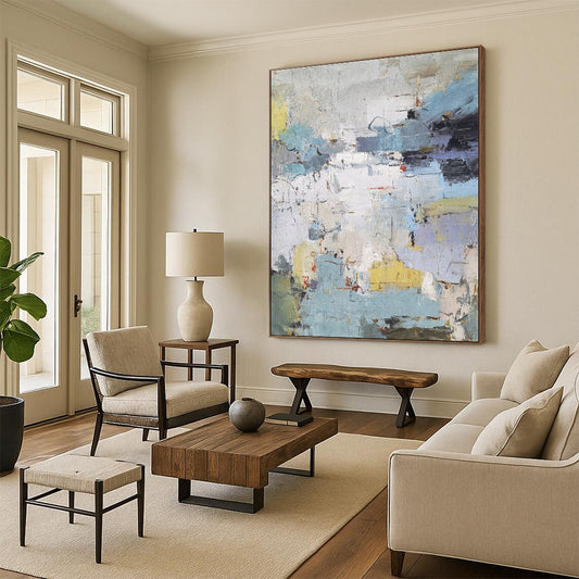 Acrylic Modern Art Paintings in Blue, Grey, Yellow, and White Abstract Urban Textures Painting PT262