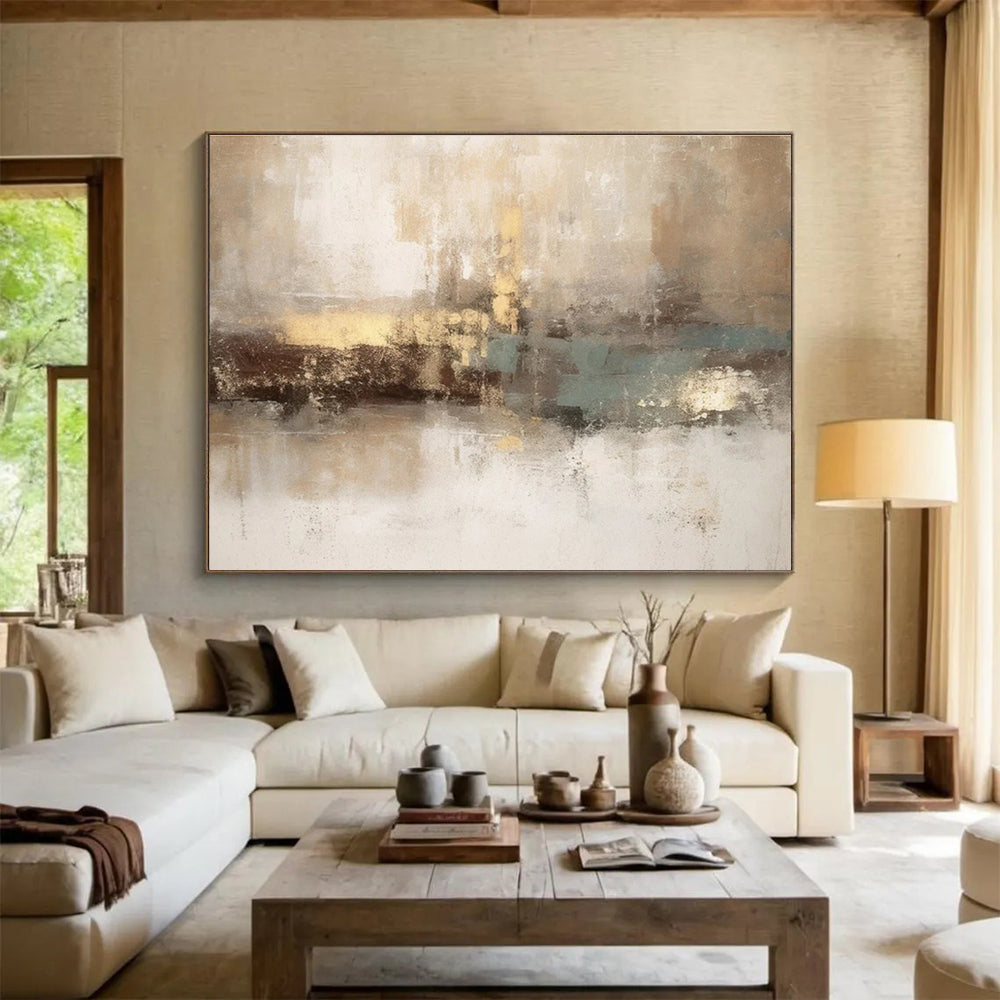 Hand-Painted Beige, Gold & Teal Abstract Textured Art HPS201