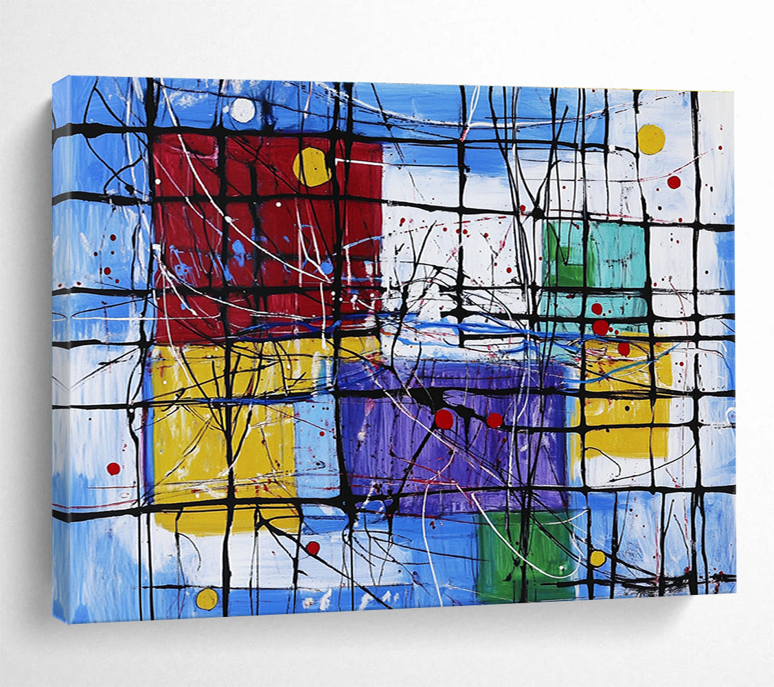 Modern Art Acrylic Multicolor (Blue, Red, Yellow, Purple) Geometric Abstract Painting HPS247
