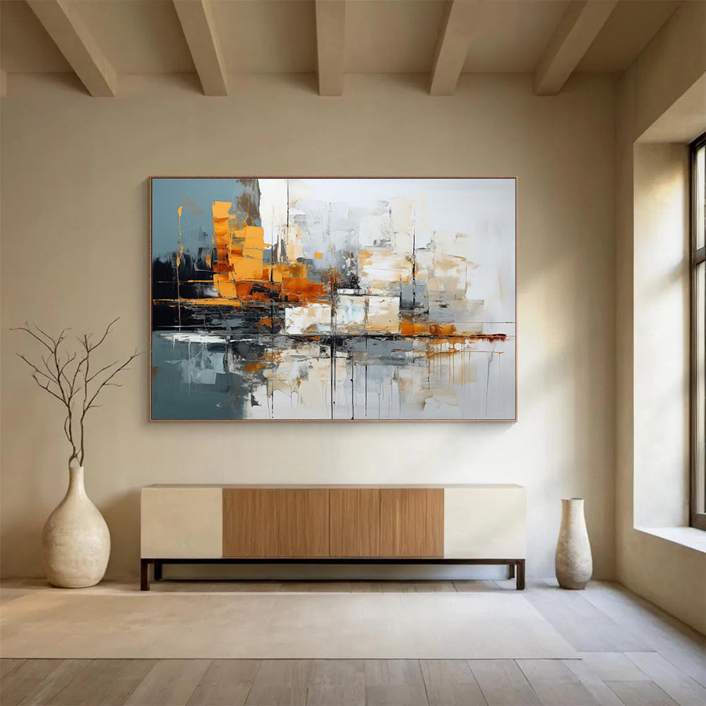 Large Size Orange, Gray & White Abstract Urban Landscape Art HPS164