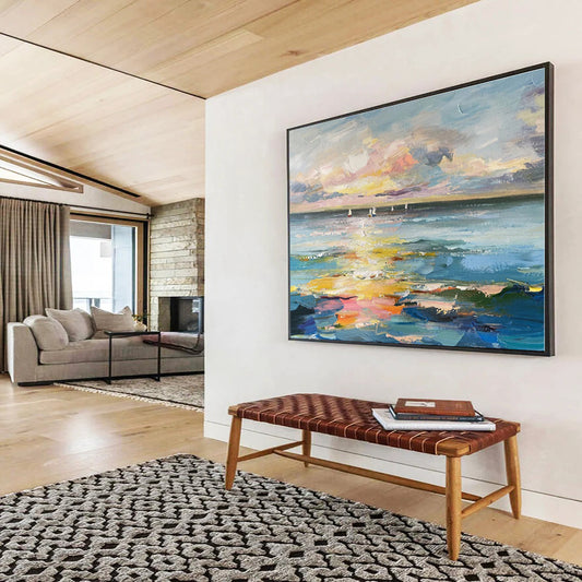 Oversized Abstract Wall Art Colorful Sunset & Sailboats On Sea Abstract On Canvas HPS040