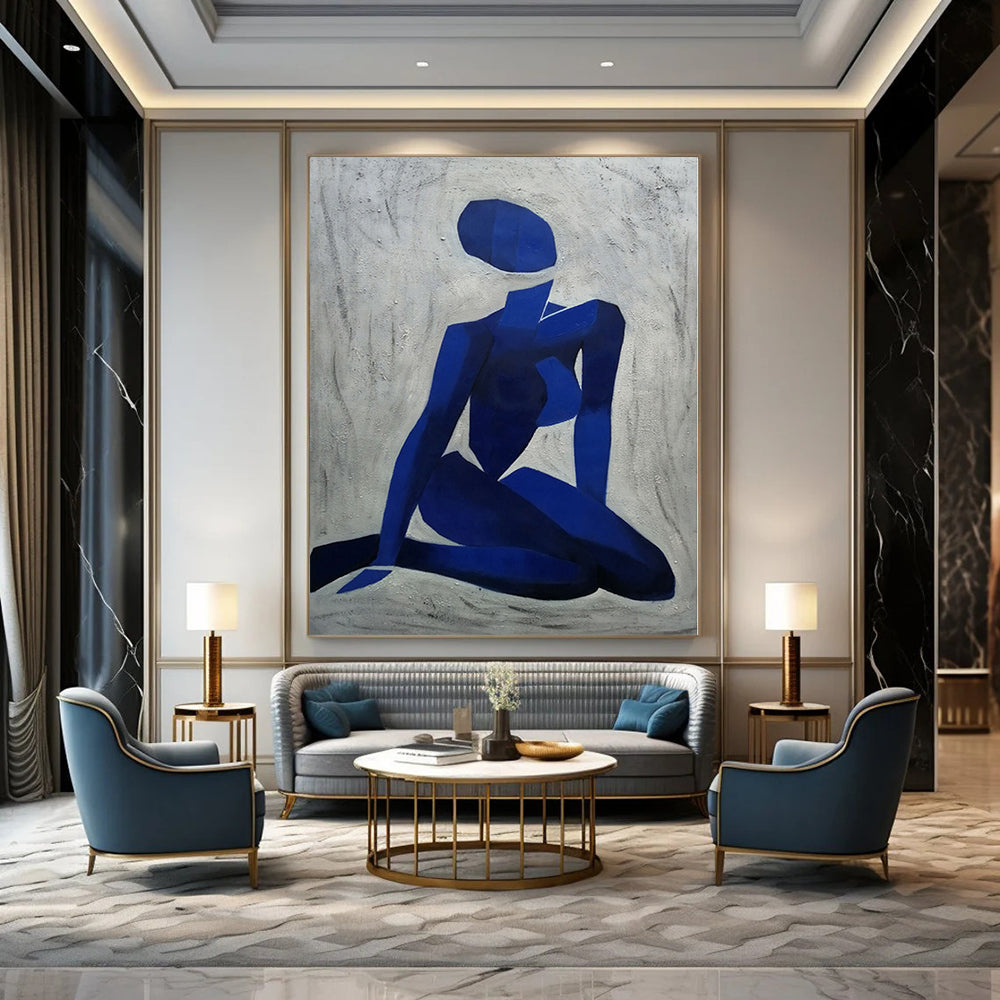 Hand-Painted Blue and White Geometric Figure Abstract Portrait Painting DPS426