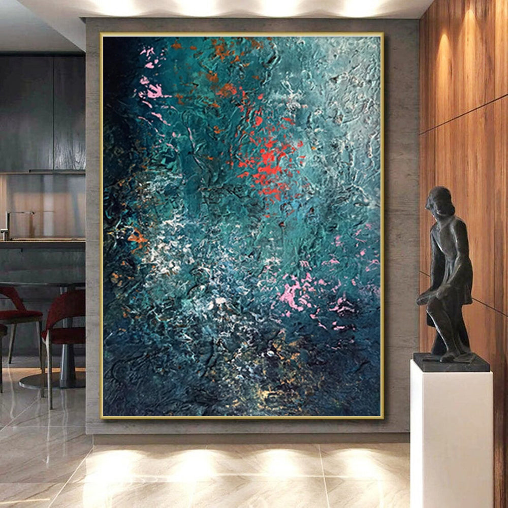 Unique Abstract Art in Teal, Red, Pink, and White Textural Abstract Sea-Inspired Painting On Canvas PT275