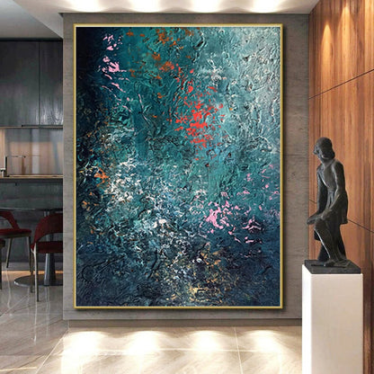 Unique Abstract Art in Teal, Red, Pink, and White Textural Abstract Sea-Inspired Painting On Canvas PT275