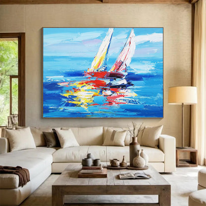Hand Painting Blue, Red & Yellow Sailboat Impressionistic Acrylic Painting HPS232