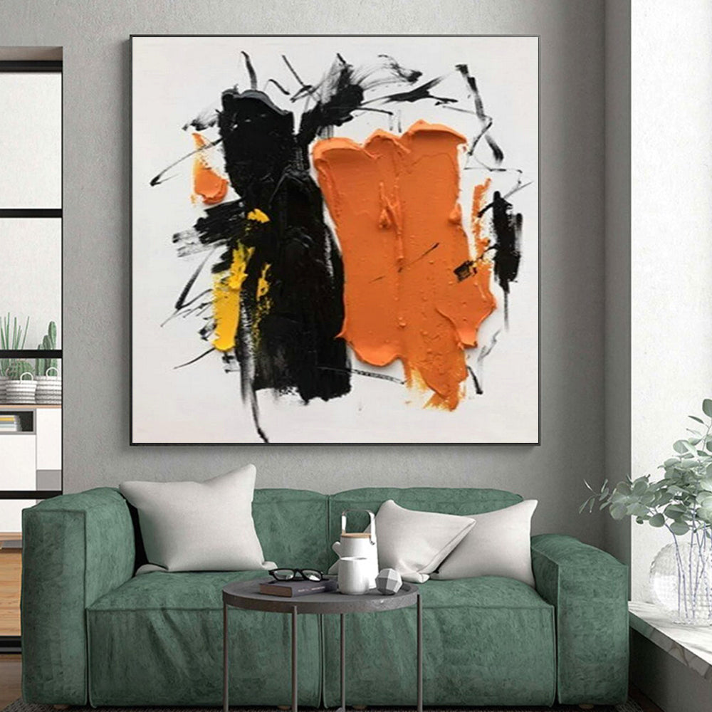 Unique Abstract Art Black, Orange and Yellow Dynamic Abstract Piece, Large Contemporary Wall Art PT522