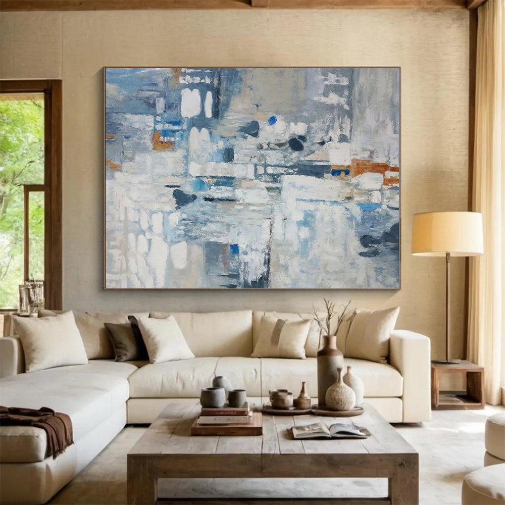 Large Size Blue, Gray, and White Abstract Painting with Fluid Forms, Large Painting In Living Room PT207