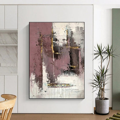 Hand Painted Art Pink Gray Gold Textured Abstract Art PT421