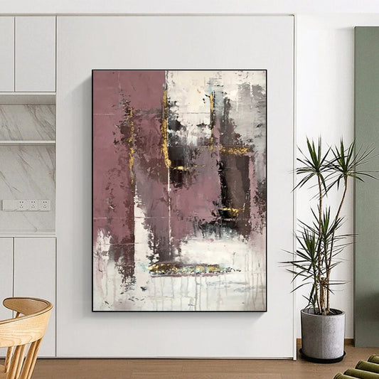 Hand Painted Art Pink Gray Gold Textured Abstract Art PT421