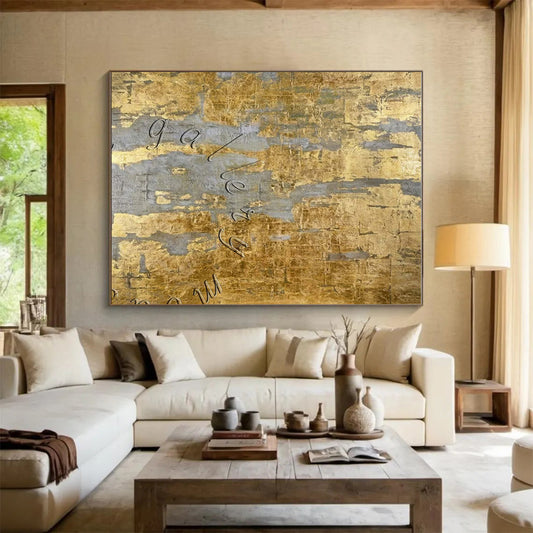 Luxury Abstract Art - Gold & Gray Textured Abstract Art with Embossed Letters PT606