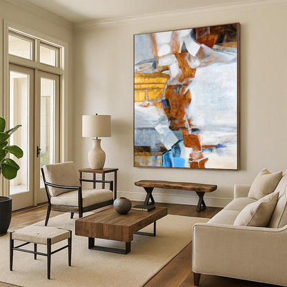 Hand Painted Art with Brown, White, and Blue Geometric Abstract Shapes, Large Contemporary Wall Art PT003